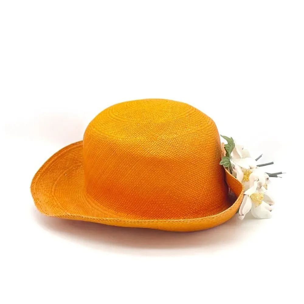 Vintage 1960s Madcaps Orange Straw Hat White Blossom Flower Pin Trim Wide Brim - Picture 5 of 16